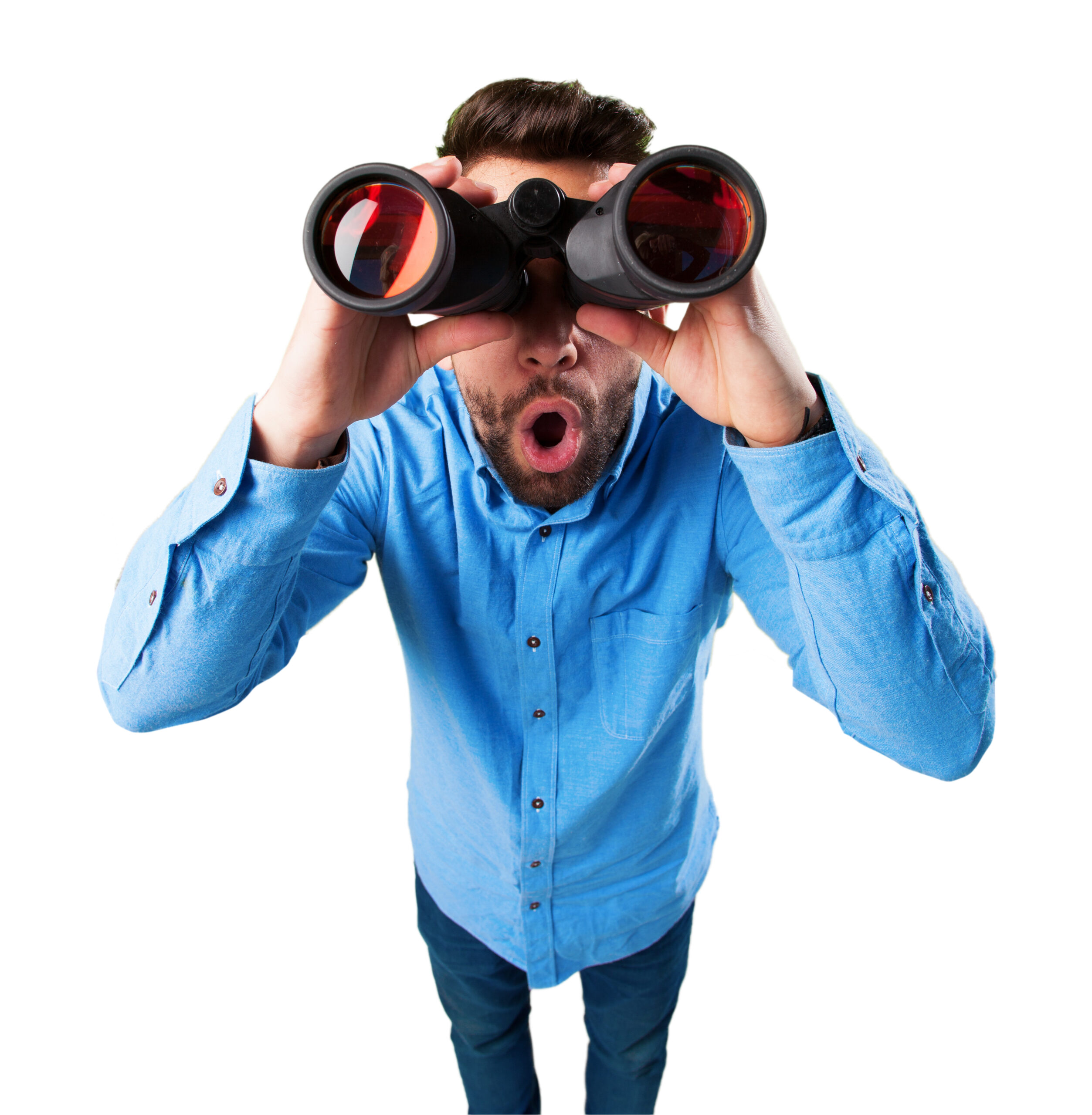 young man with binoculars surprised